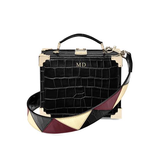 Mini Trunk Clutch in Deep Shine Black Croc with Zig Zag Strap from Aspinal of London