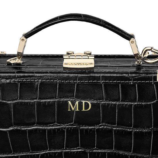 Mini Trunk Clutch in Deep Shine Black Croc with Zig Zag Strap from Aspinal of London