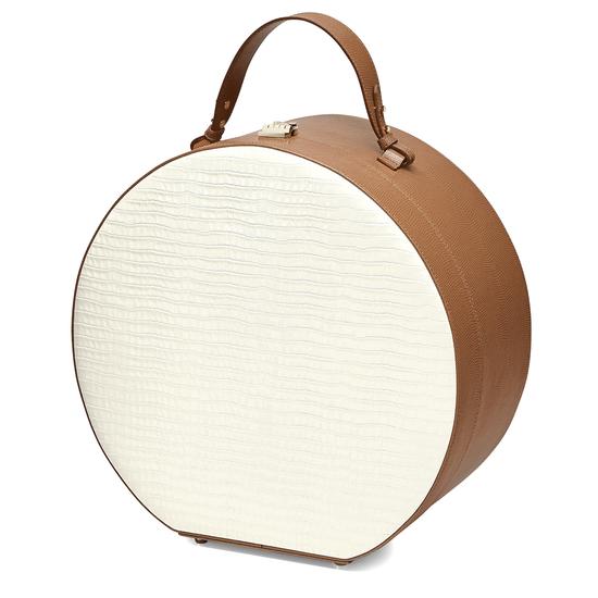 Large Hat Box in Deep Shine Ivory Small Croc & Camel Lizard from Aspinal of London
