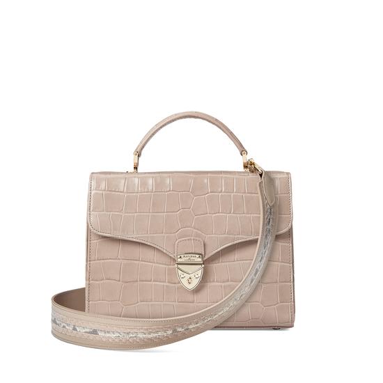 Mayfair Bag in Deep Shine Soft Taupe Croc with Stripe Strap from Aspinal of London