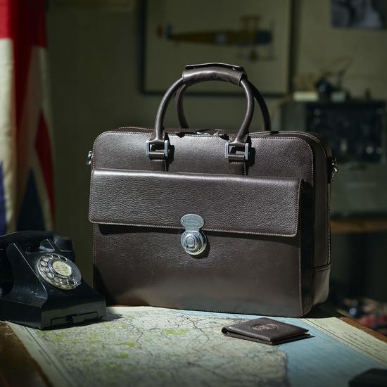Aerodrome Business Bag in Dark Brown Pebble from Aspinal of London