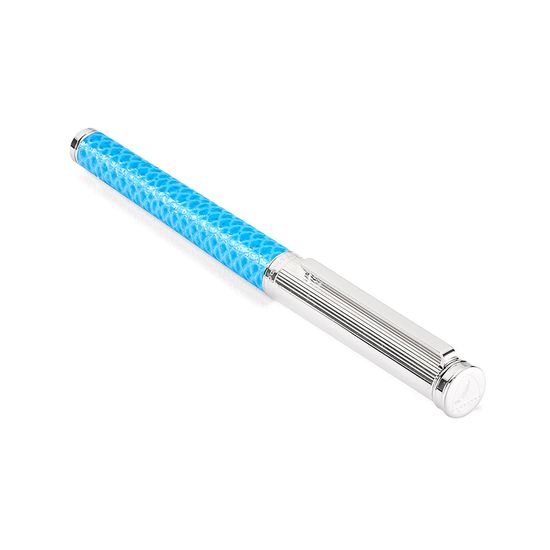Sterling Silver & Leather Rollerball Pen in Aquamarine Lizard from Aspinal of London