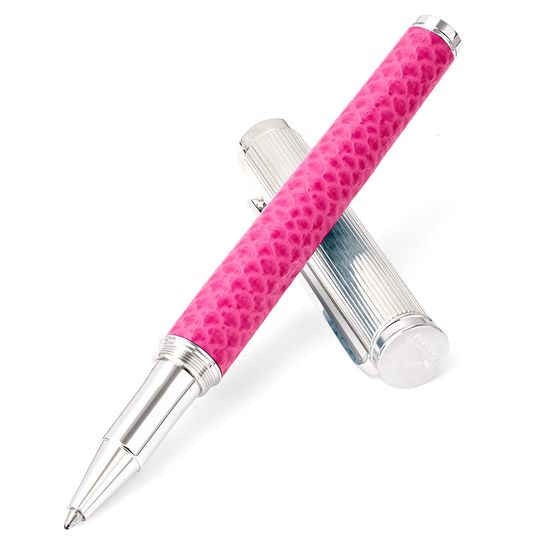 Sterling Silver & Leather Rollerball Pen in Raspberry Lizard from Aspinal of London
