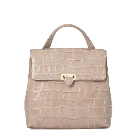 Soho Backpack in Deep Shine Soft Taupe Croc with Deco Embroidered Strap from Aspinal of London