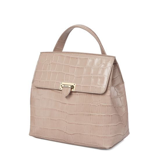 Soho Backpack in Deep Shine Soft Taupe Croc with Deco Embroidered Strap from Aspinal of London