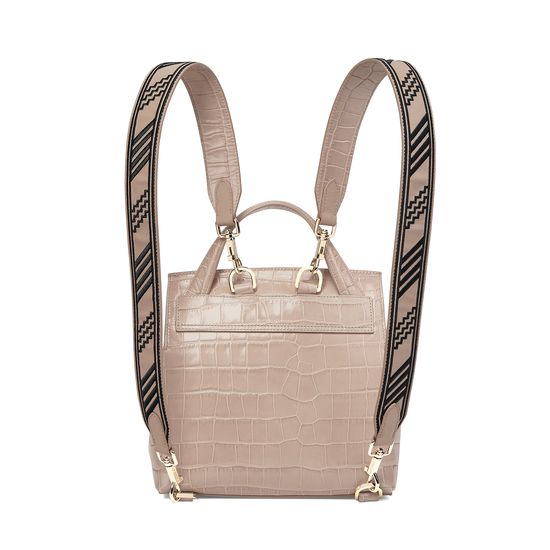 Soho Backpack in Deep Shine Soft Taupe Croc with Deco Embroidered Strap from Aspinal of London