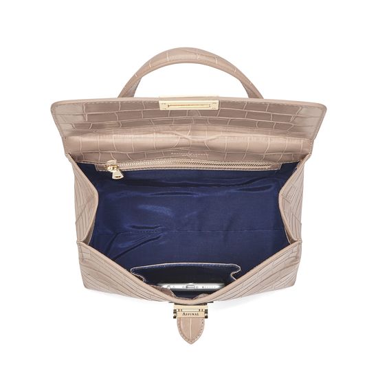 Soho Backpack in Deep Shine Soft Taupe Croc with Deco Embroidered Strap from Aspinal of London