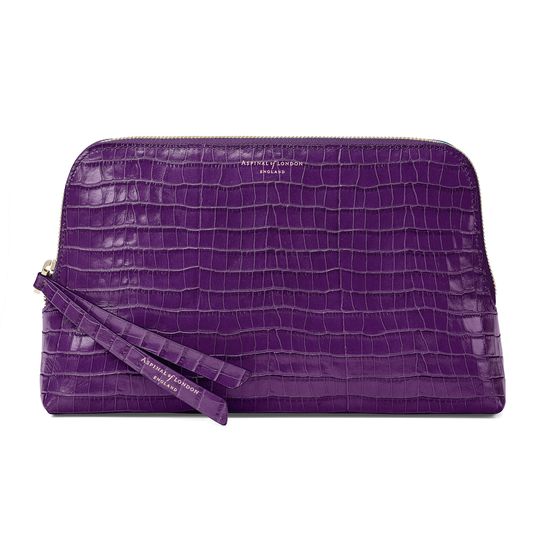 Large Essential Cosmetic Case in Deep Shine Amethyst Small Croc from Aspinal of London