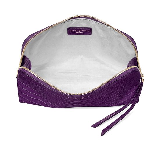 Large Essential Cosmetic Case in Deep Shine Amethyst Small Croc from Aspinal of London