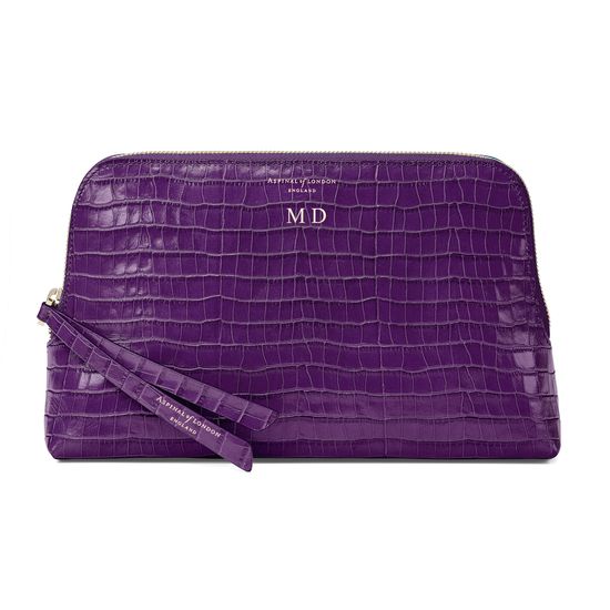 Large Essential Cosmetic Case in Deep Shine Amethyst Small Croc from Aspinal of London