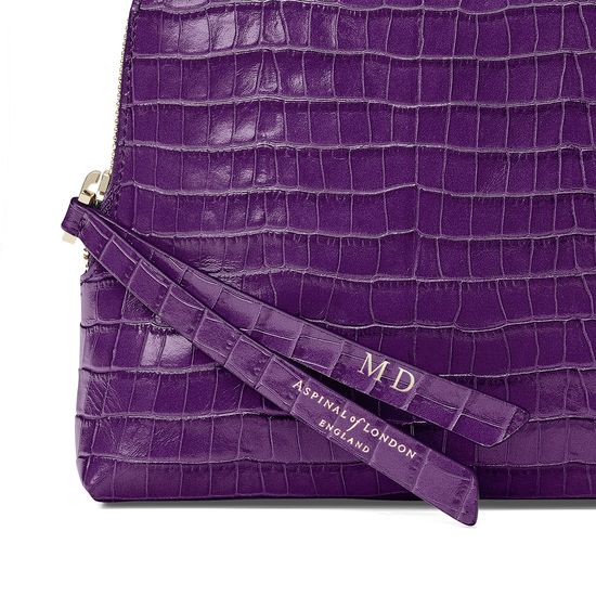 Large Essential Cosmetic Case in Deep Shine Amethyst Small Croc from Aspinal of London