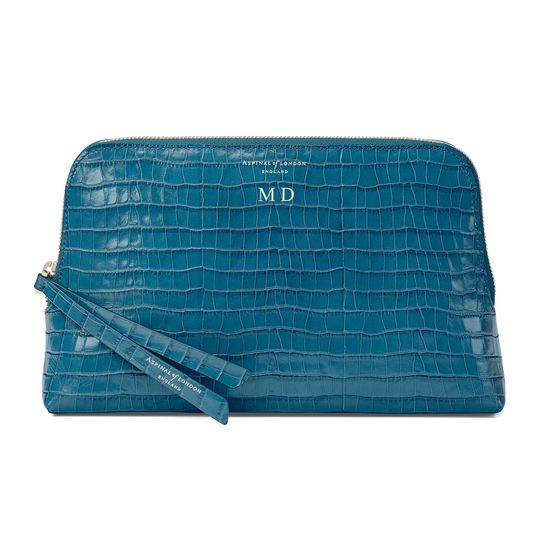 Large Essential Cosmetic Case in Deep Shine Topaz Small Croc from Aspinal of London