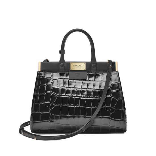 Small Florence Snap Bag in Deep Shine Black Croc & Smooth Black from Aspinal of London