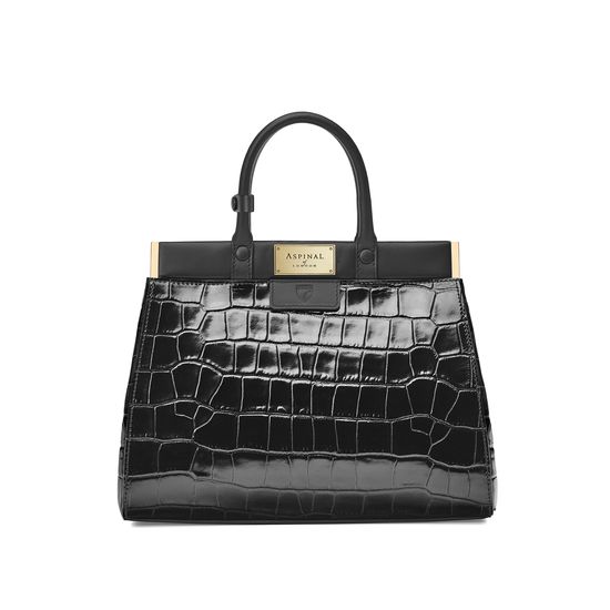 Small Florence Snap Bag in Deep Shine Black Croc & Smooth Black from Aspinal of London