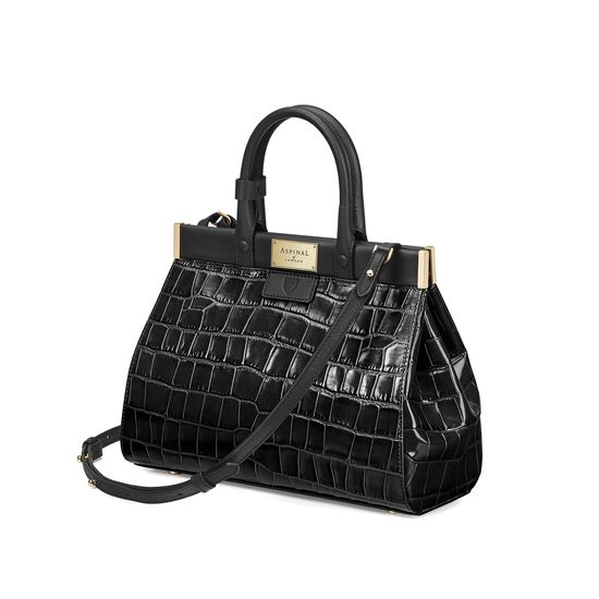 Small Florence Snap Bag in Deep Shine Black Croc & Smooth Black from Aspinal of London