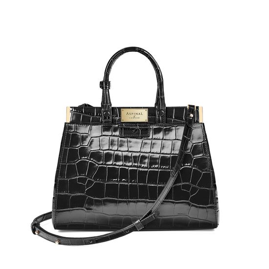 Small Florence Snap Bag in Deep Shine Black Croc from Aspinal of London