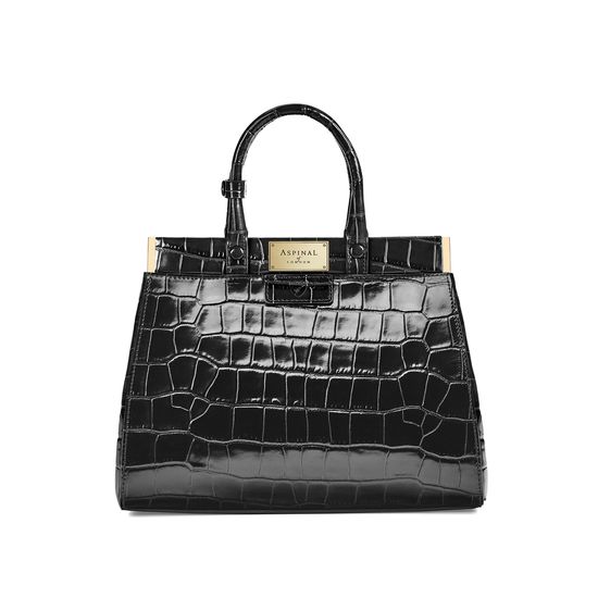 Small Florence Snap Bag in Deep Shine Black Croc from Aspinal of London