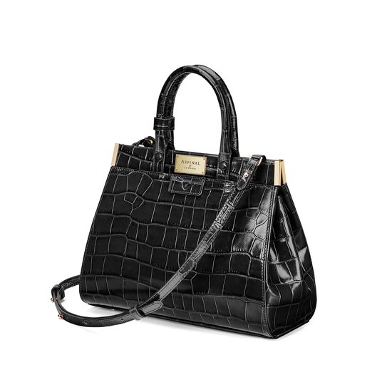 Small Florence Snap Bag in Deep Shine Black Croc from Aspinal of London