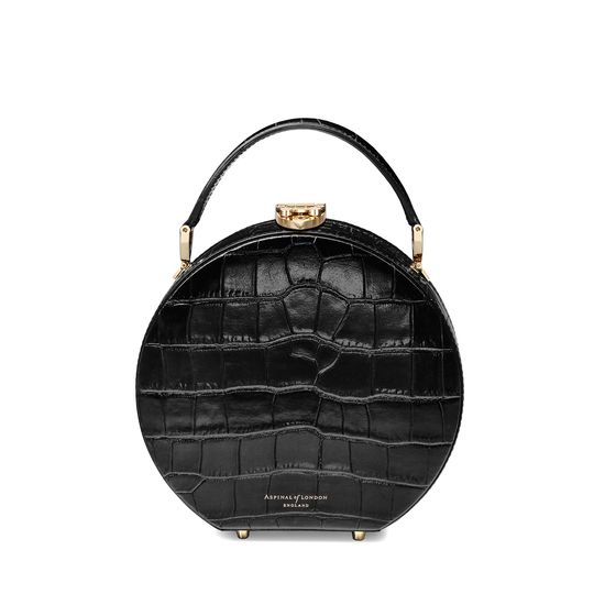 Mini Hat Box Bag in Deep Shine Black Croc with Wide Strap from Aspinal of London