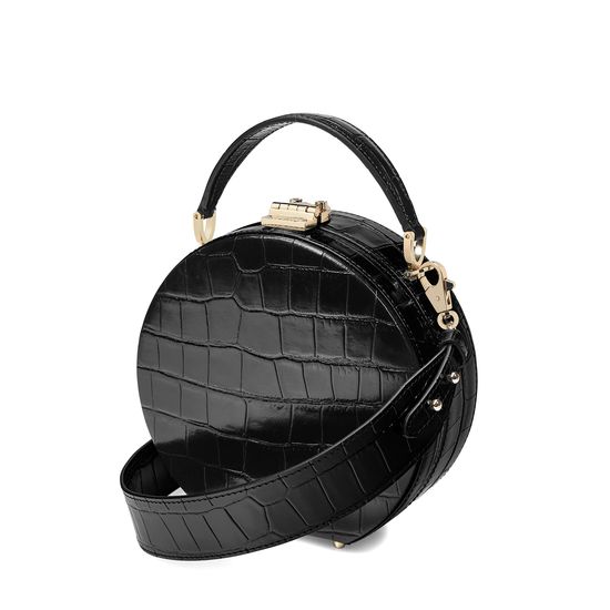 Mini Hat Box Bag in Deep Shine Black Croc with Wide Strap from Aspinal of London