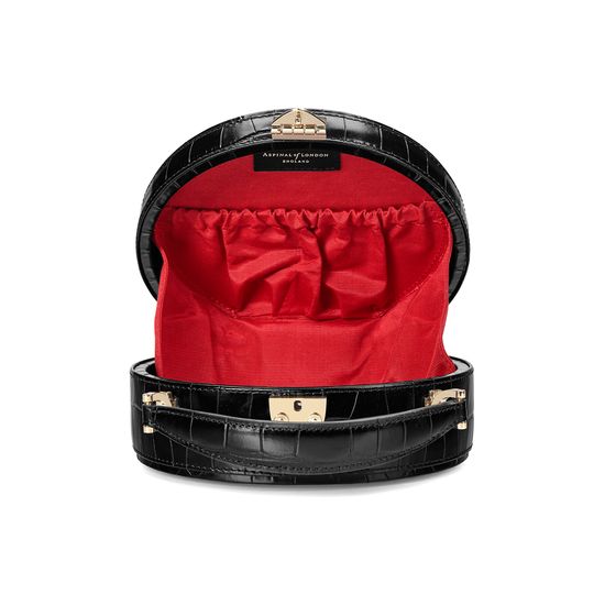 Mini Hat Box Bag in Deep Shine Black Croc with Wide Strap from Aspinal of London