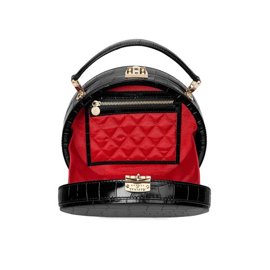 Mini Hat Box Bag in Deep Shine Black Croc with Wide Strap from Aspinal of London