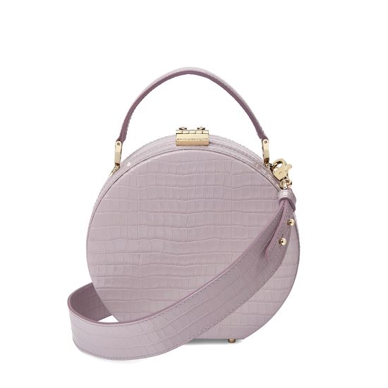 Mini Hat Box Bag in Deep Shine Lilac Small Croc from Aspinal of London