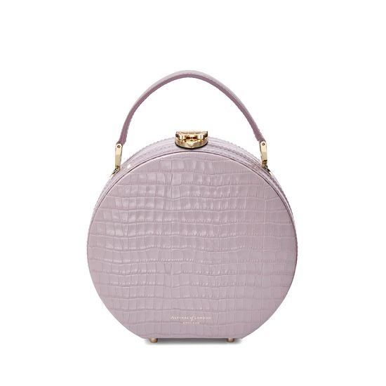 Mini Hat Box Bag in Deep Shine Lilac Small Croc from Aspinal of London