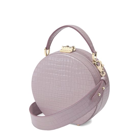 Mini Hat Box Bag in Deep Shine Lilac Small Croc from Aspinal of London