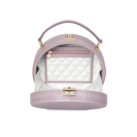 Mini Hat Box Bag in Deep Shine Lilac Small Croc from Aspinal of London