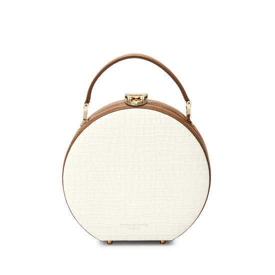 Mini Hat Box Bag in Deep Shine Ivory Small Croc & Camel Lizard from Aspinal of London