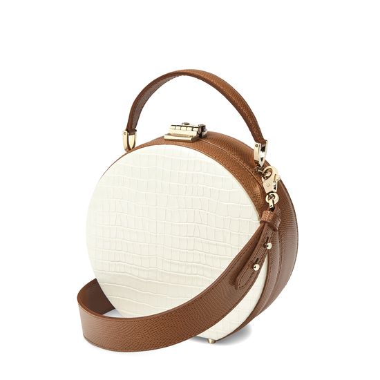 Mini Hat Box Bag in Deep Shine Ivory Small Croc & Camel Lizard from Aspinal of London