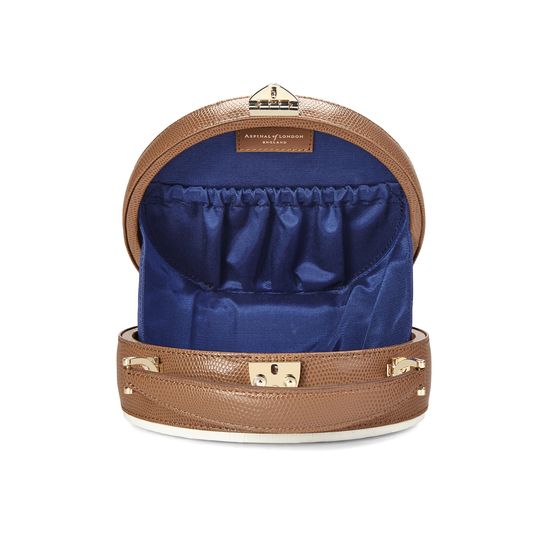 Mini Hat Box Bag in Deep Shine Ivory Small Croc & Camel Lizard from Aspinal of London