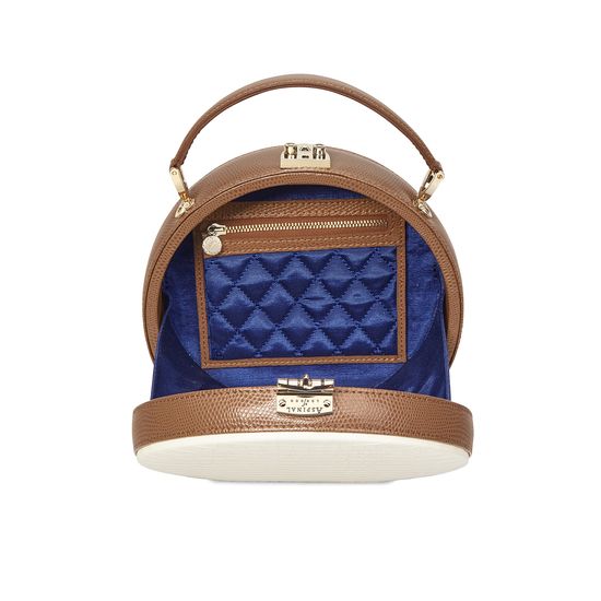 Mini Hat Box Bag in Deep Shine Ivory Small Croc & Camel Lizard from Aspinal of London