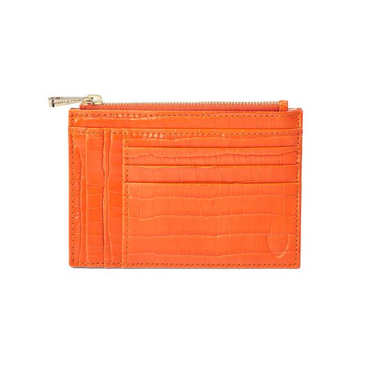 Double Sided Zipped Card & Coin Holder in Deep Shine Amber Small Croc from Aspinal of London