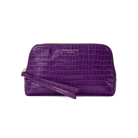 Small Essential Cosmetic Case in Deep Shine Amethyst Small Croc from Aspinal of London