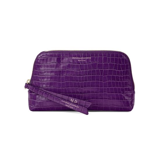 Small Essential Cosmetic Case in Deep Shine Amethyst Small Croc from Aspinal of London