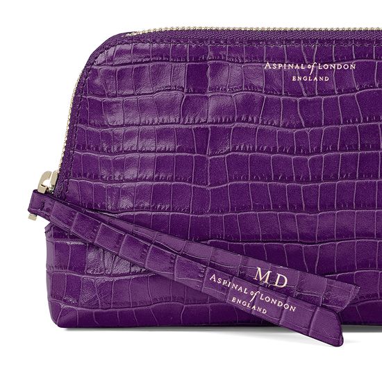 Small Essential Cosmetic Case in Deep Shine Amethyst Small Croc from Aspinal of London