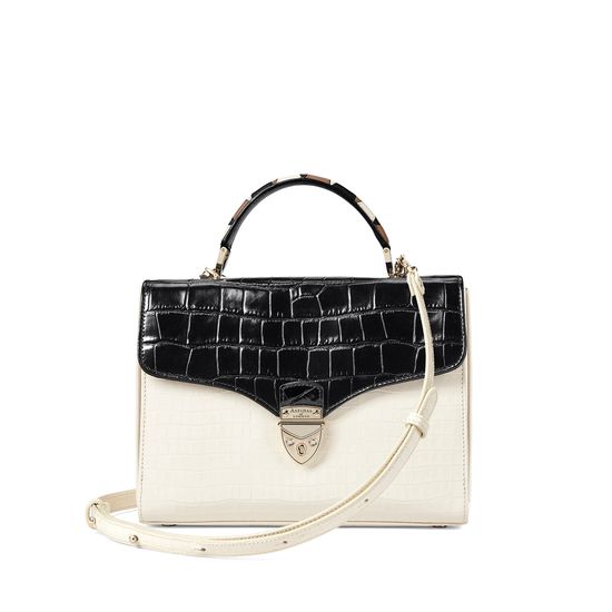 Mayfair Bag in Deep Shine Ivory & Black Croc from Aspinal of London