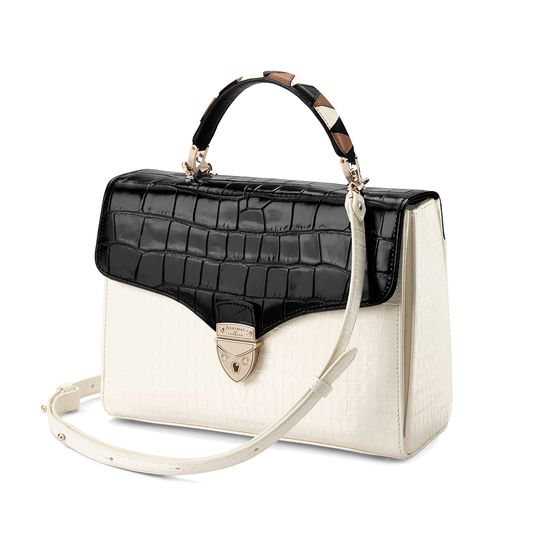 Mayfair Bag in Deep Shine Ivory & Black Croc from Aspinal of London