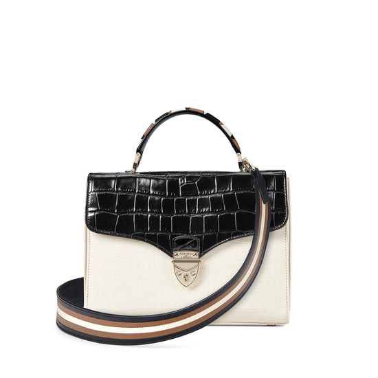 Mayfair Bag in Deep Shine Ivory & Black Croc with Stripe Strap from Aspinal of London