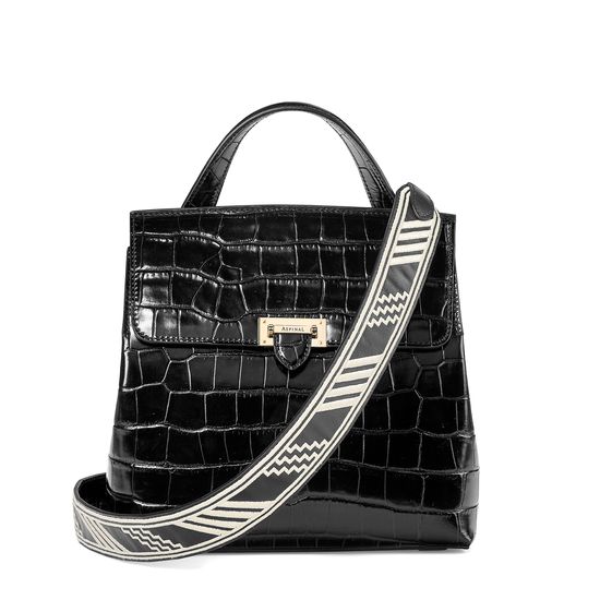Soho Backpack in Deep Shine Black Croc with Deco Embroidered Strap from Aspinal of London