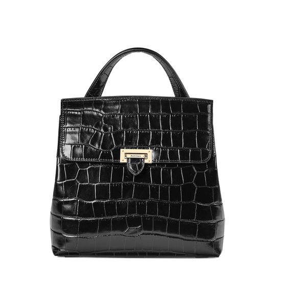 Soho Backpack in Deep Shine Black Croc with Deco Embroidered Strap from Aspinal of London