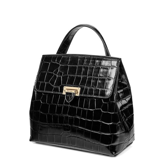 Soho Backpack in Deep Shine Black Croc with Deco Embroidered Strap from Aspinal of London