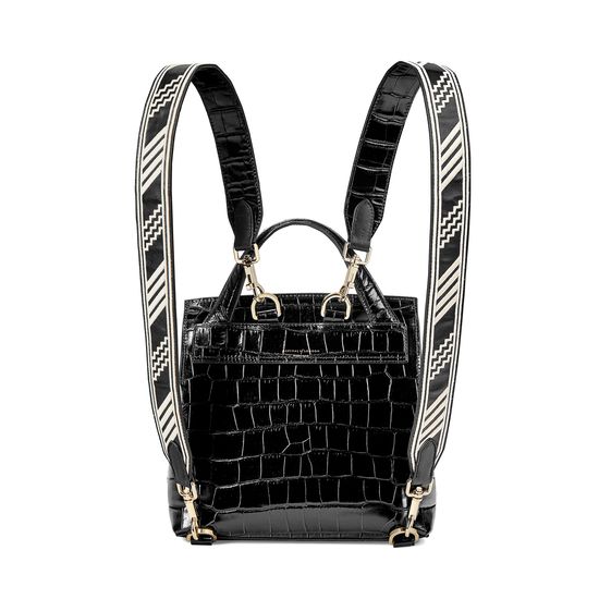 Soho Backpack in Deep Shine Black Croc with Deco Embroidered Strap from Aspinal of London