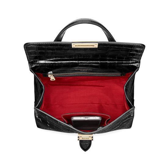 Soho Backpack in Deep Shine Black Croc with Deco Embroidered Strap from Aspinal of London