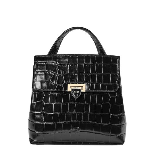 Soho Backpack in Deep Shine Black Croc with Deco Embroidered Strap from Aspinal of London