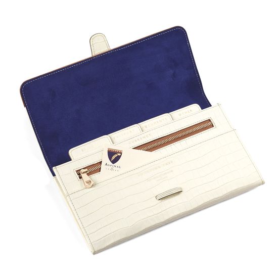 Classic Travel Wallet Deep Shine Ivory Small Croc & Camel Lizard from Aspinal of London