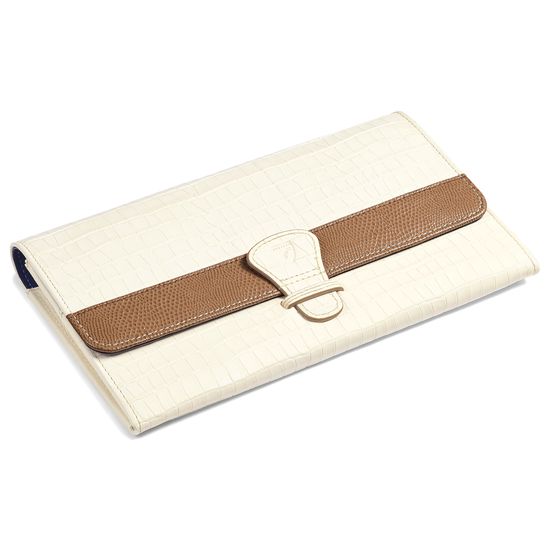 Classic Travel Wallet Deep Shine Ivory Small Croc & Camel Lizard from Aspinal of London