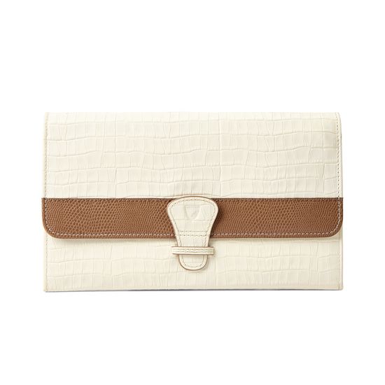 Classic Travel Wallet Deep Shine Ivory Small Croc & Camel Lizard from Aspinal of London